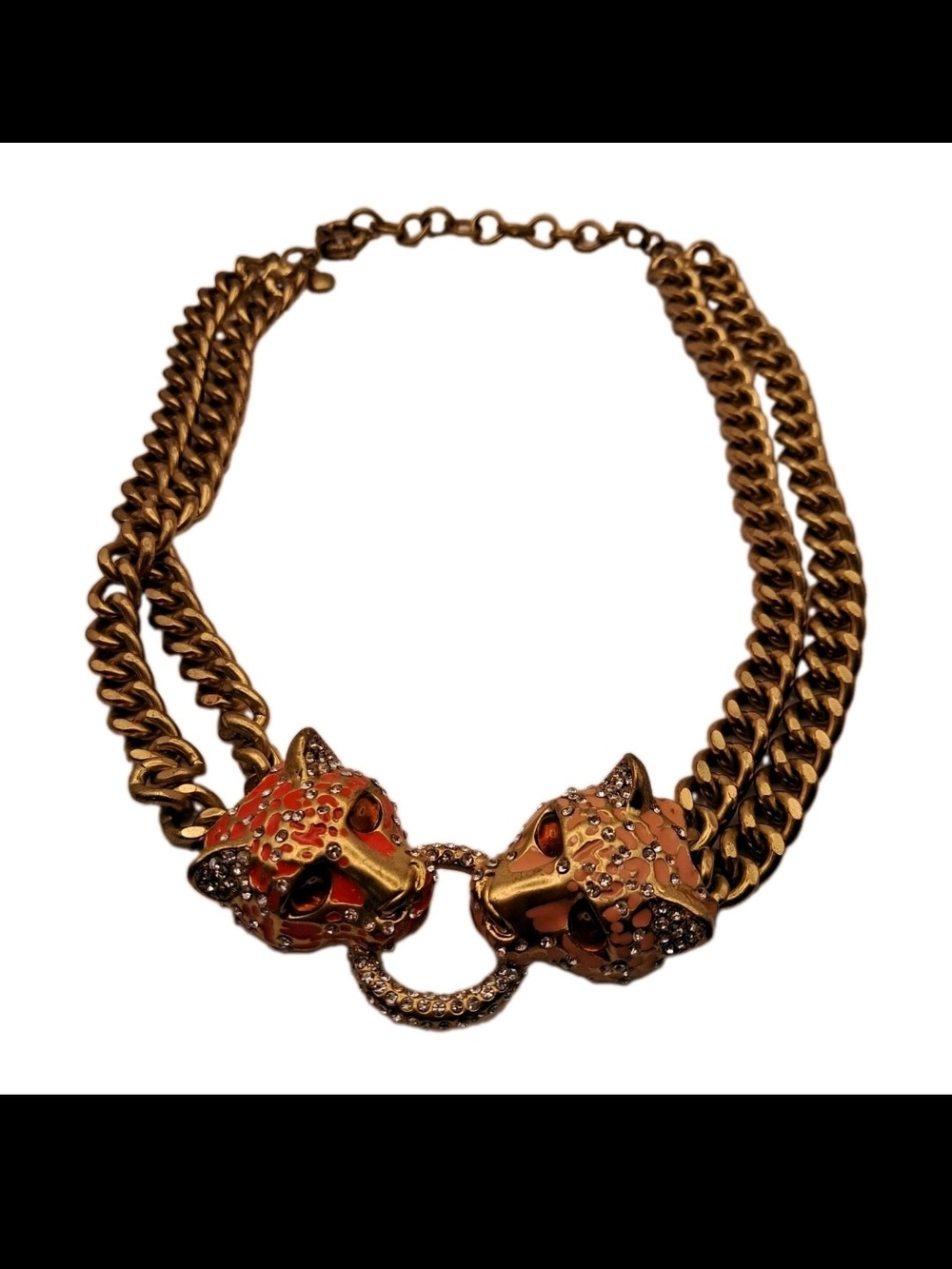J. Crew Vintage Style Twin Leopard Panther Head Chunky Statement Chain Necklace